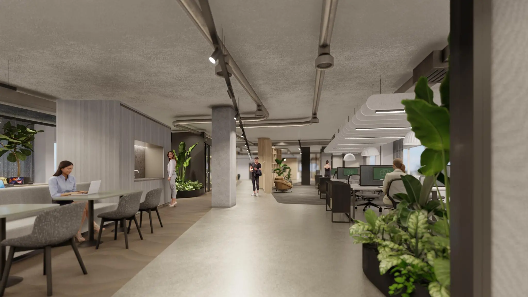 Moderne kantoorruimte aan de Marten Meesweg met open werkplekken, zithoeken en veel groen.